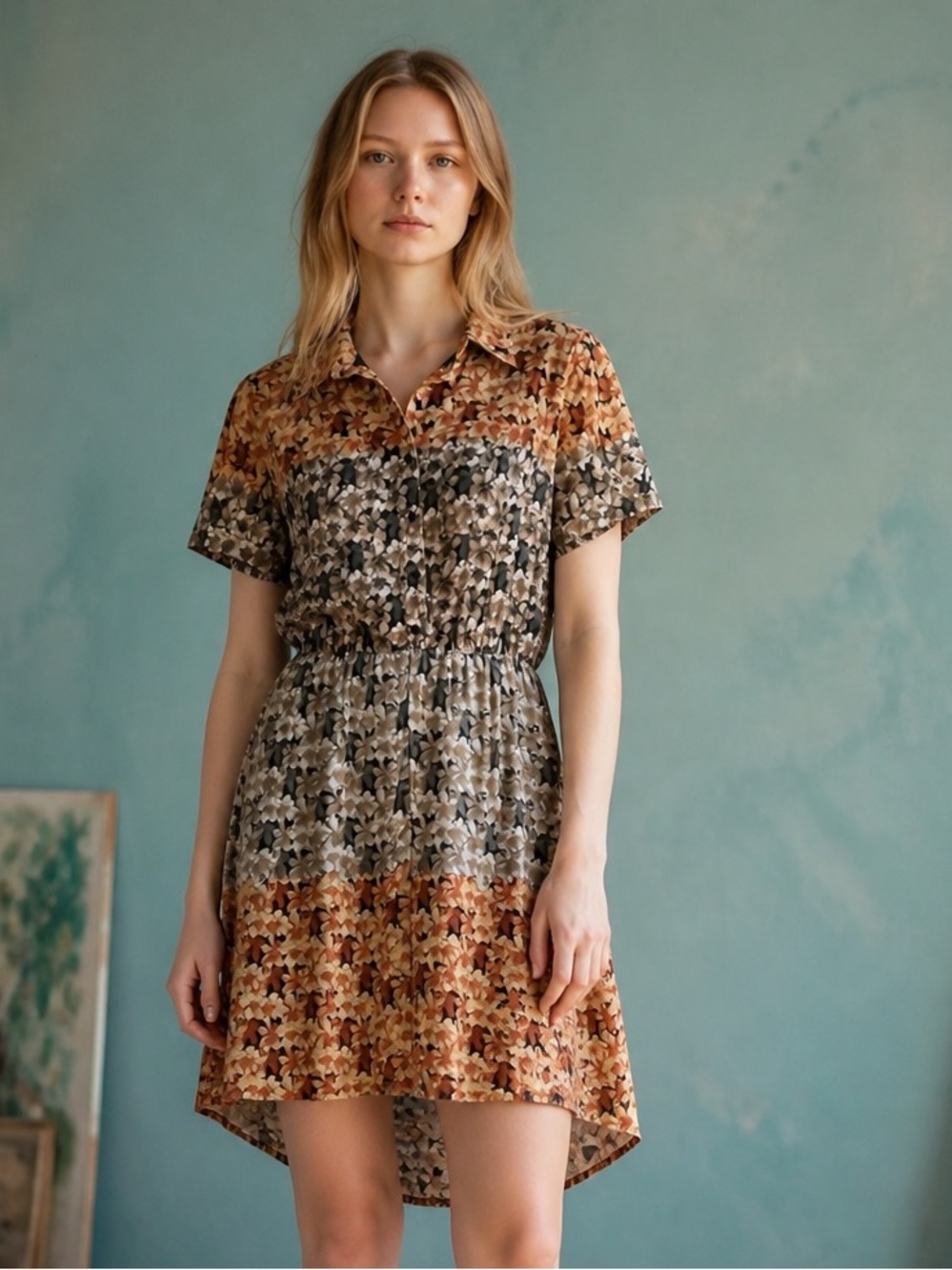 Suzy Shier Floral High-Low Shirt Dress Brown Tan Size M